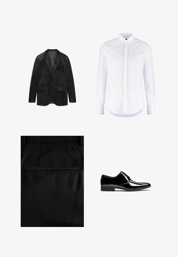 Zwart fluwelen blazer met een notched revers, enkele knoopsluiting, twee voorzakken en een gladde voering. Zachte textuur en klassiek ontwerp.; Wit overhemd met lange mouwen, verborgen knoopsluiting en klassieke kraag, getoond op een effen achtergrond.; Zwarte stoffen broek met een soepele textuur, een enkele met rits sluitbare achterzak en op maat gemaakte stiksels voor een aansluitende look.; Zwarte glanzende leren formele herenschoen met veters, spitse neus en lage gestapelde hak op witte achtergrond.