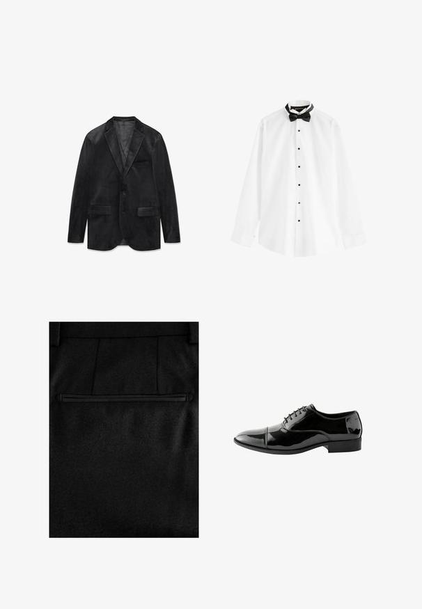 Blazer de terciopelo negro con solapa con muesca, cierre de un solo botón, dos bolsillos delanteros y un forro interior suave. Textura suave y diseño clásico.; Camisa de vestir blanca de manga larga con botones negros y un pajarita negra preanudada sobre un fondo blanco.; Pantalones de tela negra que presentan una textura suave, un solo bolsillo trasero con cremallera y costuras ajustadas para un aspecto entallado.; Zapato de vestir de charol negro con puntera redondeada, diseño con cordones, detalles de costura sutiles y suela de goma de perfil bajo.