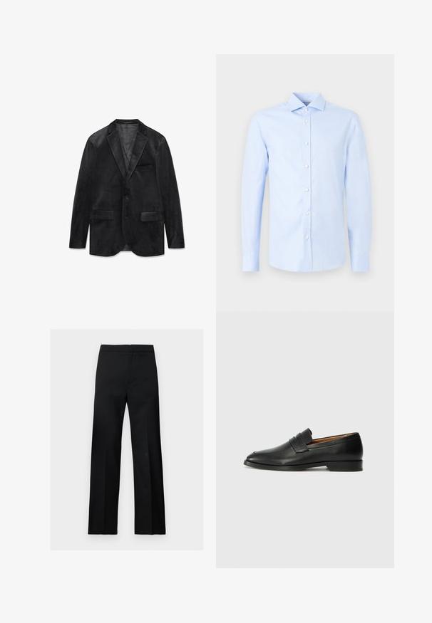 Zwart fluwelen blazer met een notched revers, enkele knoopsluiting, twee voorzakken en een gladde voering. Zachte textuur en klassiek ontwerp.; Lichtblauw overhemd voor mannen met lange mouwen, knoopsluiting aan de voorkant en een klassieke kraag, weergegeven op een lichte achtergrond.; Zwarte formele rechte broek met een hoge taille en een strak, minimalistisch ontwerp, weergegeven op een eenvoudige lichte achtergrond.; Zwarte leren instapper met een ronde neus, subtiele stikdetails en een lage hak, met een gladde textuur en een minimalistisch ontwerp.
