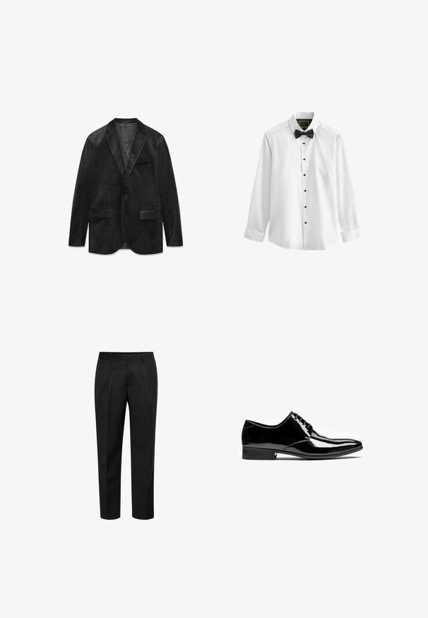 Blazer de terciopelo negro con solapa con muesca, cierre de un solo botón, dos bolsillos delanteros y un forro interior suave. Textura suave y diseño clásico.; Camisa de dress blanca de manga larga con un lazo negro, botones negros y un cuello clásico. Textura suave con un ajuste estructurado.; Pantalones negros de corte recto, con una textura suave y un diseño de frente plano. Incluyen passantes para cinturón y dos bolsillos laterales.; Zapato formal de hombre, negro brillante, de cuero, con cordones, punta puntiaguda y tacón bajo apilado sobre fondo blanco.