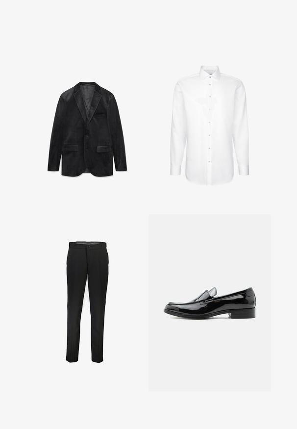 Zwart fluwelen blazer met een notched revers, enkele knoopsluiting, twee voorzakken en een gladde voering. Zachte textuur en klassiek ontwerp.; Witte formele overhemd met lange mouwen, knoopsluiting aan de voorkant en klassieke kraag, weergegeven tegen een effen achtergrond.; Zwarte broek van gladde stof, met een rechte pijpdesign, voorzakken en een enkele knoopsluiting bij de taille.; Zwarte herenslipper van lakleer met lage hak, afgeronde neus en banddetail over de wreef, op een witte achtergrond.