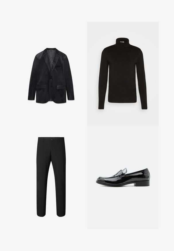 Zwart fluwelen blazer met een notched revers, enkele knoopsluiting, twee voorzakken en een gladde voering. Zachte textuur en klassiek ontwerp.; Zwarte coltrui met lange mouwen, gemaakt van een gladde stof met een aansluitend ontwerp en een hoge, strakke kraag. Geen patronen of accenten zichtbaar.; Zwarte slim-fit broek met knoopsluiting en riemlussen, ontworpen voor formele of kantoorwerk.; Zwarte herenslipper van lakleer met lage hak, afgeronde neus en banddetail over de wreef, op een witte achtergrond.
