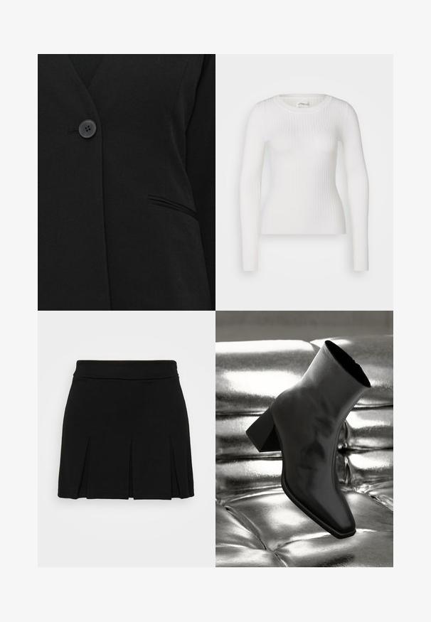 En enkelt sort knap, der lukker en sort blazer nær en enkelt welt-lomme på højre side.; Hvid langærmet ribbet top med en rund halsudskæring. Stoffet er glat og har en subtil tekstur samt en tætsiddende design. Ingen synlige detaljer eller mønstre.; Even&Odd Mini skirts - black; Sorte ankelstøvler lavet af glossy materiale med firkantet tå og spidse hæle, sat mod en skinnende sølv tuftet baggrund.