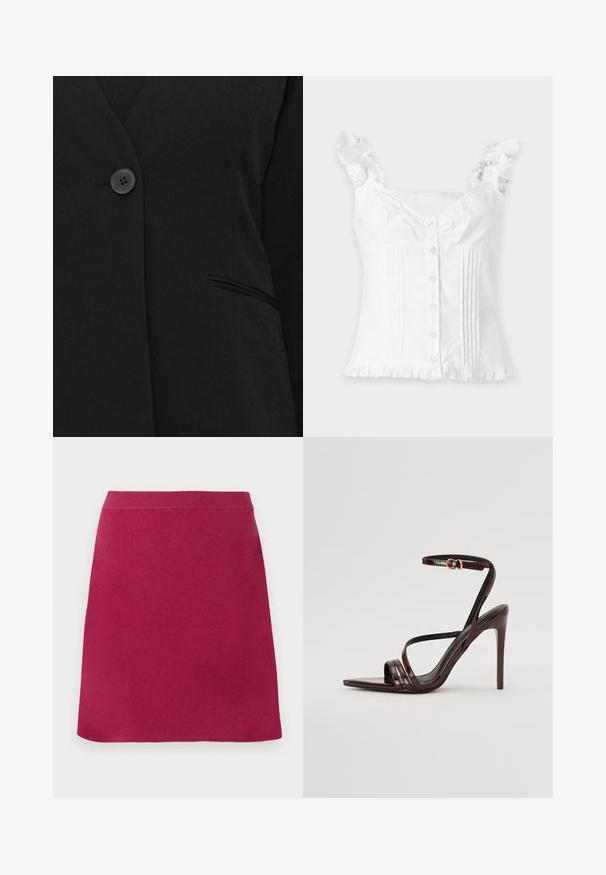 Enkele zwarte knop die een zwart blazer sluit nabij een enkele paspelzak aan de rechterkant.; Witte mouwloze blouse met gerimpelde bandjes en zoom, knopen aan de voorkant en verticale gestikte plooien aan beide zijden.; Rode, knielange, aangesloten rok met een gladde textuur en een brede elastische tailleband, met een eenvoudig ontwerp zonder zichtbare patronen of accenten.; Bordeaux gepatineerde leren hoge hakken sandaal met een enkelbandje, puntige neus en drie horizontale banden over de voet. Details met gouden gesp.