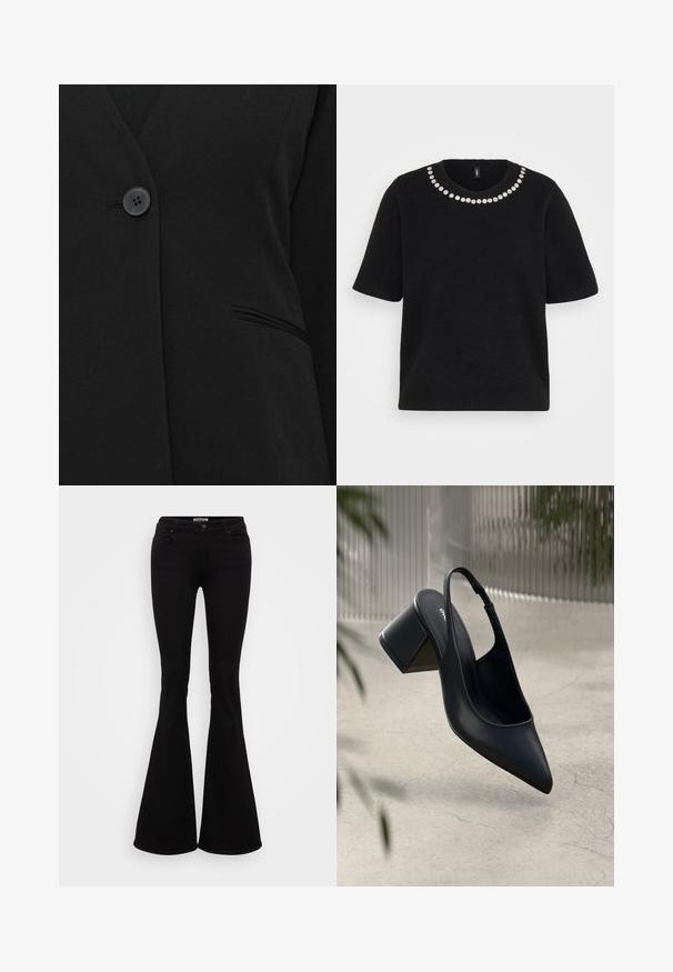 Un bouton noir unique fermant un blazer noir près d'une poche passepoilée sur le côté droit.; Pull en maille noir à manches courtes avec col rond orné d'une seule rangée de petites décorations florales blanches.; Jean flare noir en denim extensible, avec une taille ajustée, des poches avant et arrière, et un bouton de fermeture à la taille.; Escarpin noir en cuir avec un bout pointu et un talon bloc. Texture lisse, design minimaliste et bride de cheville réglable.