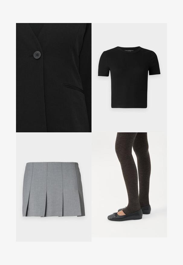 Enkele zwarte knop die een zwart blazer sluit nabij een enkele paspelzak aan de rechterkant.; Zwart nauwsluitend T-shirt met korte mouwen, geribbelde textuur en een ronde halslijn. Eenvoudig ontwerp, zonder zichtbare logo's of versieringen.; Grijze geplooide rok met een gladde textuur, gestructureerd ontwerp en een aansluitende taille. Gemaakt van een lichtgewicht stof met een subtiel patroon.; Benen met donkere geribbelde leggings gecombineerd met zwarte ballerina's met kleine strikdetails op een witte achtergrond.