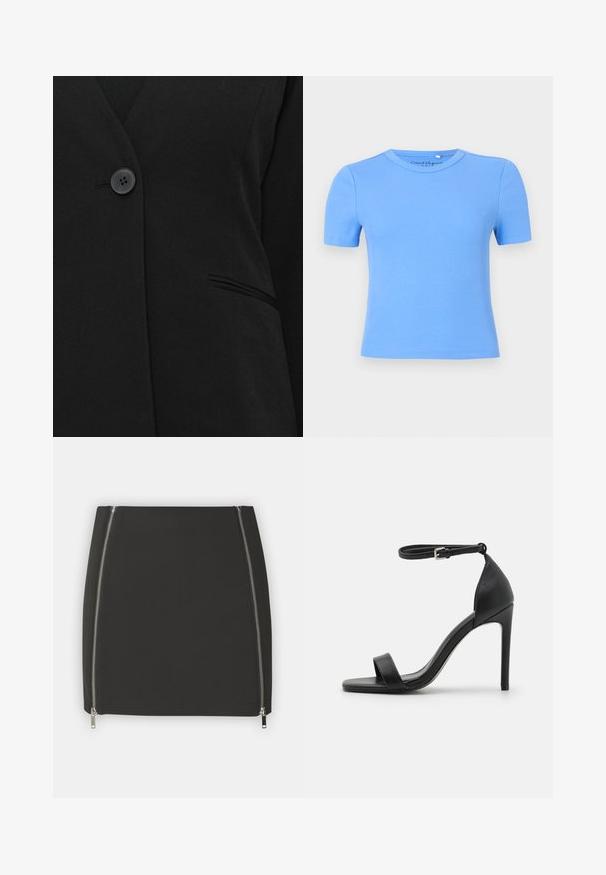 Ein einzelner schwarzer Knopf schließt ein schwarzes Blazerjackett in der Nähe einer einzelnen Paspeltasche auf der rechten Seite.; Hellblaues, geripptes T-Shirt mit kurzen Ärmeln und Rundhalsausschnitt, das eine figurbetonte Form und eine glatte Textur aufweist. Keine sichtbaren Muster oder Akzente.; Schwarzer Rock mit zwei seitlichen Reißverschlüssen. Aus glattem Stoff gefertigt, mit figurschmeichelndem Schnitt und geradem Saum. Minimalistischer und funktionaler Stil.; Schwarze hochhackige Sandale mit elegantem Design, featuring einem Knöchelriemen, offener Zehenpartie und glattem Lederfinish.