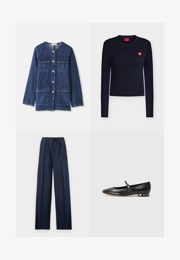 Veste en denim, bleue, avec un col rond, fermeture à boutons, deux poches poitrine et deux poches inférieures ; possède des boutons et des coutures dorés.; Pull côtelé bleu marine à manches longues avec col rond et petit écusson rouge en forme de cœur portant la mention "HUGO" sur la poitrine gauche.; Pantalon large bleu marine avec taille élastique et cordon de serrage ajustable, présenté à plat sur un fond blanc.; Ballerine plate noire en cuir avec un bout pointu, une fine bride à la cheville et un petit talon block métallique. Texture lisse, sans motifs visibles.