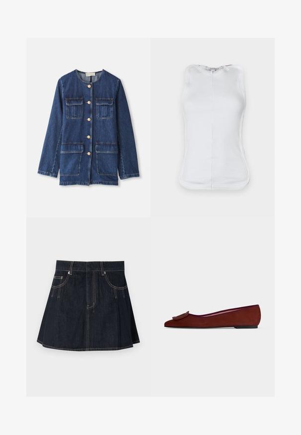Denim jacket, blauw, met ronde halslijn, knoopsluiting aan de voorkant, twee borstzakken en twee onderste zakken; heeft goudkleurige knopen en stiksels.; Witte mouwloze top van rib katoen, met een aansluitend ontwerp, afgeronde halslijn en zichtbare stiksels langs de zijkanten.; Denim rok in donkerblauw, met een uitlopende uitstraling, riemlussen, voorzakken en contrasterende stiksels langs de naden.; Platte bruine suède damesschoen met spitse neus en grote decoratieve gesp bovenop tegen een effen achtergrond.