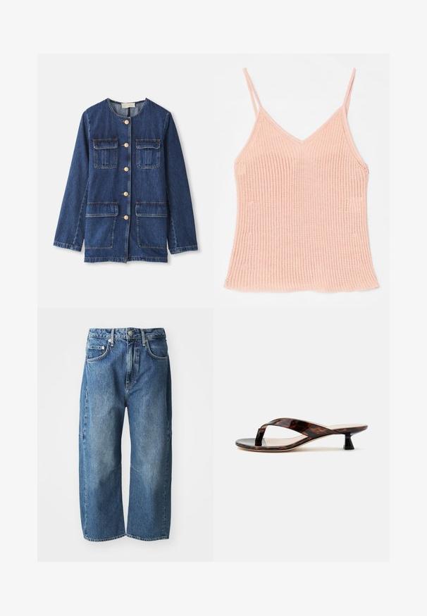 Veste en denim, bleue, avec un col rond, fermeture à boutons, deux poches poitrine et deux poches inférieures ; possède des boutons et des coutures dorés.; Camisole en tricot de couleur pêche, avec des bretelles réglables fines, un décolleté en V, une texture côtelée et un ourlet droit.; Jeans en denim bleu avec une coupe décontractée à jambes larges, dotés de poches avant, d'une fermeture à bouton et à glissière, et d'un léger délavage au niveau des genoux.; Sandale à talon kitten écaille de tortue marron avec bride entre les orteils et bout carré sur un fond clair uni.