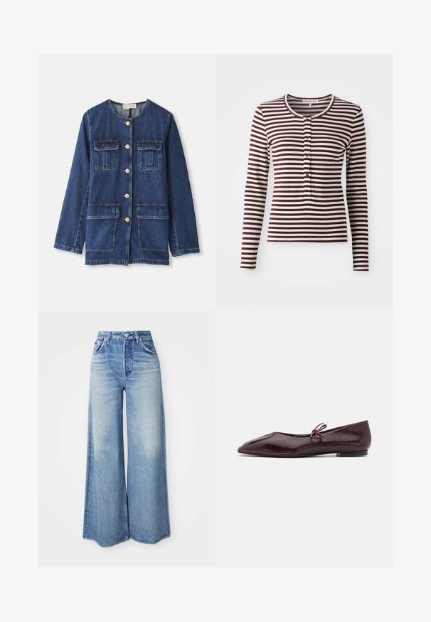 Denim jacket, blauw, met ronde halslijn, knoopsluiting aan de voorkant, twee borstzakken en twee onderste zakken; heeft goudkleurige knopen en stiksels.; Langsleeve top in bordeauxrood en crème strepen. Heeft een ronde hals, knopen aan de voorkant en een zachte stoftextuur. Klassieke pasvorm.; Wijdellige jeans van lichtblauwe denim, met een hoge taille, vijf-pocket ontwerp, vervaagde wassing en rafelige zoom.; Ballerina's in bordeaux patenta leder met een spitse neus en een decoratieve paarse strik op de wreef; ontwerp met platte zool.