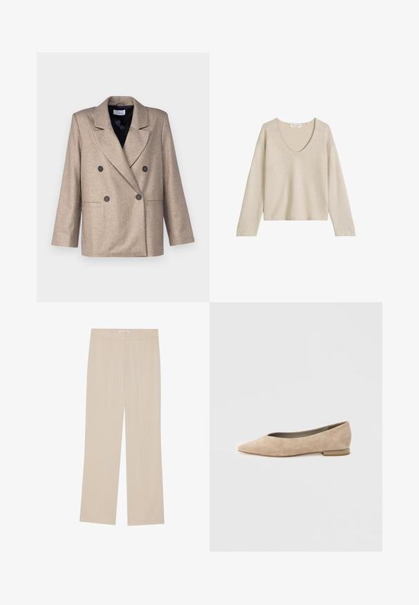 Beige kaksirivinene bleiseri, jossa on viisto kaulus, mustat napit ja kaksi etutaskua. Valmistettu strukturoidusta kankaasta, jossa on hieman ylisuuressa oleva istuvuus.; Beige pitkähihaisen neulosvillapaidan, jossa syvä pyöreä pääntie ja rento istuvuus, merkiltään Marc O'Polo.; Beige laidan housut, joissa on sileä pinta, räätälöity istuvuus, kaksi etutaskua ja huomaamaton taitetut yksityiskohdat jaloissa.; Beigenvärinen naisten mokkasiinipiikkilentokengät, joissa on terävä kärki ja pieni korko, esitetty sivulta yksinkertaisella vaalealla taustalla.