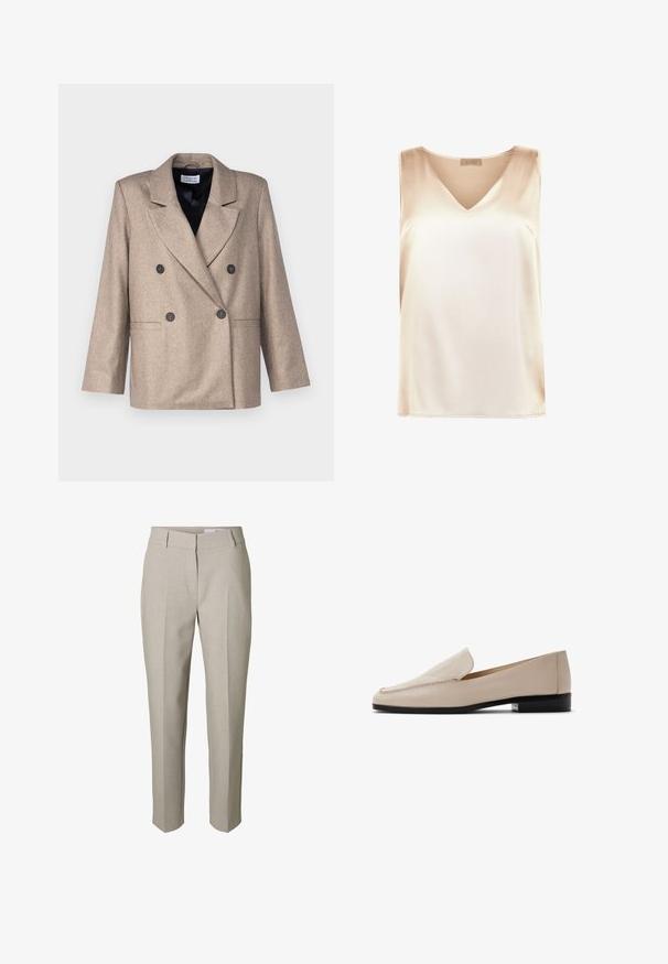 Beige dobbeltræsseret blazer med klapkrave, sorte knapper og to forlommer. Lavet af et tekstureret stof, med en let oversize pasform.; Beige ærmeløs top lavet af glat stof med v-hals design og lige kant. Minimalistisk stil uden yderligere mønstre eller accenter.; Beige skræddersyede bukser med bæltestropper, lynlås foran og pressede læg ned langs benene, vist mod en hvid baggrund.; Beige læderloafers med en glat tekstur, rund tå og minimal syning. Med en lav sort hæl og slip-on design.