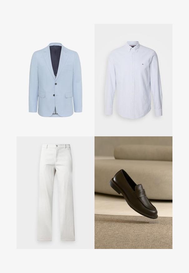 Blazer azul claro hecho de tejido texturizado, con solapa muesca, dos botones y dos bolsillos frontales. El interior está forrado en un color oscuro.; Camisa abotonada a rayas en azul claro y blanco, de tela de algodón, de mangas largas, con cuello y un pequeño logo en el pecho.; Pantalones grises claros con un diseño de pierna recta, fabricados en una tela suave, con cierre frontal de botón y bolsillos laterales.; Un solo mocasín de cuero marrón oscuro flotando sobre una alfombra beige texturizada, con un sofá beige desenfocado al fondo.