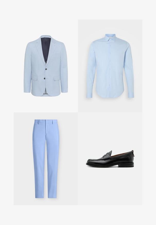 Hellblauer Blazer aus strukturiertem Stoff, mit schmalen Revers, zwei Knöpfen und zwei vorderen Taschen. Das Innenfutter ist in dunkler Farbe gehalten.; Hellblaues Langarm-Hemd mit klassischem Kragen, abgerundetem Saum und perlenbesetzten Knöpfen. Aus glattem Baumwollstoff, taillierte Passform.; Helleblaue maßgeschneiderte Hosen mit glatter Textur, geradem Bein-Design und einer Fronttasche. Mit Gürtelschlaufen und Reißverschluss.; Schwarzer Leder-Herrenschuh mit Mokassinnaht, Penny-Riemen, strukturiertem Kragen und niedrigem gestapeltem Absatz auf weißem Hintergrund.