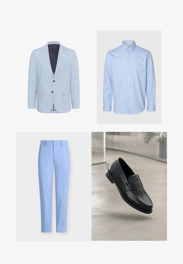 Hellblauer Blazer aus strukturiertem Stoff, mit schmalen Revers, zwei Knöpfen und zwei vorderen Taschen. Das Innenfutter ist in dunkler Farbe gehalten.; Hellblaues Hemd mit Knöpfen, lange Ärmel, klassischer Kragen, gefertigt aus glattem Stoff mit subtiler Textur und perlmuttfarbenen Knöpfen.; Helleblaue maßgeschneiderte Hosen mit glatter Textur, geradem Bein-Design und einer Fronttasche. Mit Gürtelschlaufen und Reißverschluss.; Schwarzer Lederloafer mit glatter Textur, spitzer Zehe und einem dekorativen Riemen über dem Rist. Leichte Sohle, minimalistisches Design.