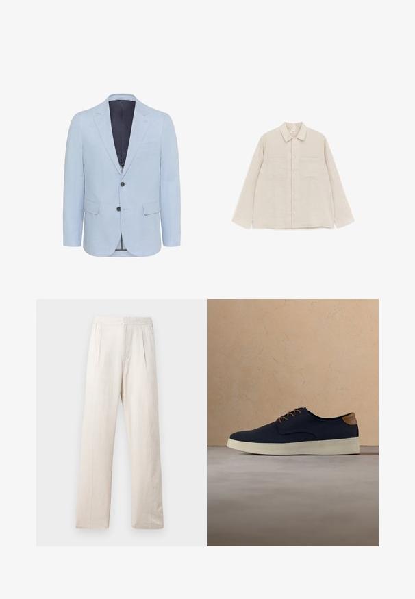 Blazer azul claro hecho de tejido texturizado, con solapa muesca, dos botones y dos bolsillos frontales. El interior está forrado en un color oscuro.; Camisa beige de manga larga con botones, dos bolsillos en el pecho y cuello clásico, extendida sobre un fondo blanco.; Pantalones de pierna ancha beige claro, hechos de una tela texturizada, con una cinturilla elástica y dos pliegues frontales para un detalle adicional.; Zapatilla deportiva casual negra con cordones y lengüeta trasera marrones, suela de goma color crema, mostrada flotando sobre una alfombra beige frente a un sofá.