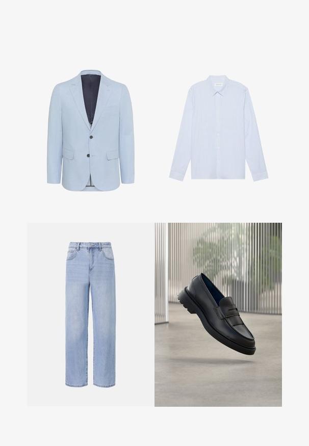 Lichtblauwe blazer van gestructureerde stof, met een gekarteld revers, twee knopen en twee voorzakken. De binnenkant is gevoerd in een donkere kleur.; Lichtblauw gestreepte overhemd met lange mouwen en knopen. Beschikt over een traditionele kraag, witte knopen en een gladde katoenmix stof.; Lichtblauwe denim jeans met een ontspannen, wijde pasvorm. Kenmerken zijn onder andere vijf zakken, een sluiting met een knoop aan de voorkant en subtiele vervaging.; Zwarte leren loafers met een gladde afwerking, voorzien van een decoratieve band en een gestructureerd paneel aan de voorkant, en een rubberen zool met textuur.