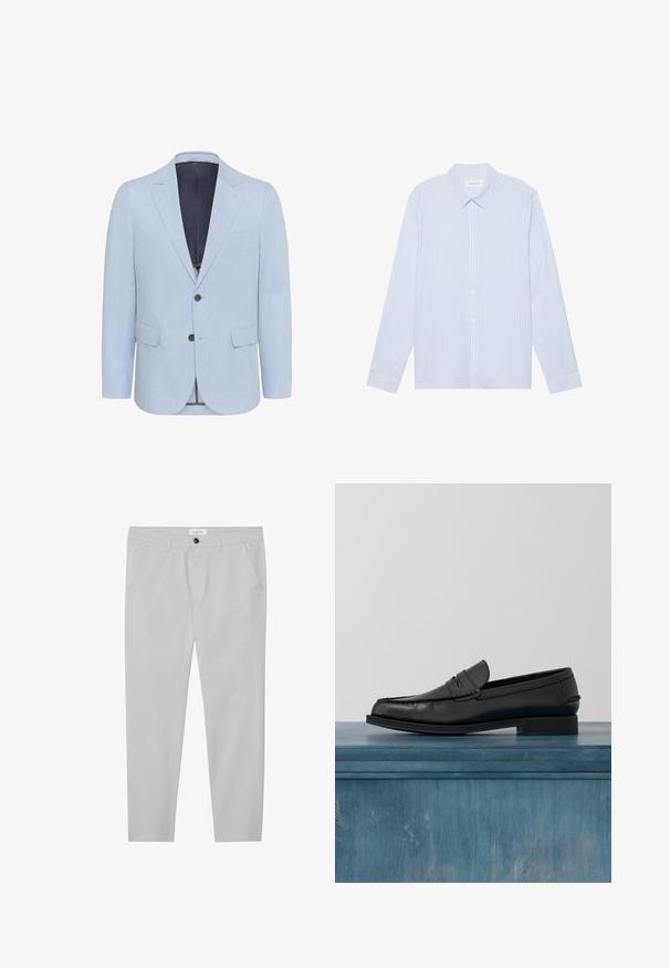 Hellblauer Blazer aus strukturiertem Stoff, mit schmalen Revers, zwei Knöpfen und zwei vorderen Taschen. Das Innenfutter ist in dunkler Farbe gehalten.; Himmelblau gestreiftes Langarm-Hemd mit Knopfleiste. Verfügt über einen klassischen Kragen, weiße Knöpfe und einen glatten Baumwollmischstoff.; Hellgraue Hose aus einem weichen Stoff, mit schlanker Passform, zwei Fronttaschen, Knopfverschluss und subtilen Texturdetails.; Schwarze Leder-Loafer mit schlankem Design, ausgestattet mit einer abgesteppten Zehe und einer glatten Oberfläche. Der Schuh verfügt über einen flachen Absatz und minimale Verzierungen.