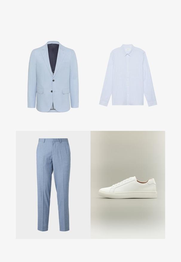 Hellblauer Blazer aus strukturiertem Stoff, mit schmalen Revers, zwei Knöpfen und zwei vorderen Taschen. Das Innenfutter ist in dunkler Farbe gehalten.; Himmelblau gestreiftes Langarm-Hemd mit Knopfleiste. Verfügt über einen klassischen Kragen, weiße Knöpfe und einen glatten Baumwollmischstoff.; Hellblaue maßgeschneiderte Hose mit strukturiertem Finish, taillierter Schnitt und geradem Bein. Sie verfügt über Vordertaschen und Gürtelschlaufen.; Weißer Sneaker mit niedrigem Schaft, Schnürverschluss und flacher Sohle, seitlich auf neutralem Hintergrund gezeigt.