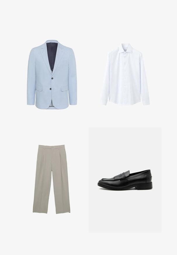 Hellblauer Blazer aus strukturiertem Stoff, mit schmalen Revers, zwei Knöpfen und zwei vorderen Taschen. Das Innenfutter ist in dunkler Farbe gehalten.; Hellblaues Hemd mit dezenten vertikalen Streifen, langen Ärmeln, klassischem Kragen und geradem Saum. Hergestellt aus glattem Stoff.; Hellgraue weit geschnittene Hosen mit glatter Textur, mit vorderen Falten, Knopfverschluss und seitlichen Taschen.; Schwarzer Leder-Herrenloafer mit Quasten-Detail, abgerundeter Spitze, niedrigem Absatz und glatter, polierter Oberfläche, von der Seite auf weißem Hintergrund dargestellt.