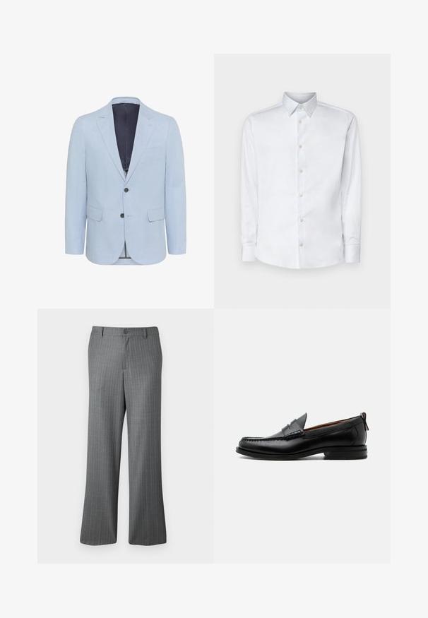Hellblauer Blazer aus strukturiertem Stoff, mit schmalen Revers, zwei Knöpfen und zwei vorderen Taschen. Das Innenfutter ist in dunkler Farbe gehalten.; Weißes Langarmhemd aus glattem Stoff, mit klassischem Kragen, Knopfleiste und Manschetten mit Knöpfen, vor einem einfarbigen Hintergrund präsentiert.; Grau gestreifte Hose mit lockerem Schnitt, ausgestattet mit einem Knopfverschluss, Gürtelschlaufen und dezenten hellblauen Streifen.; Schwarzer Leder-Herrenschuh mit Mokassinnaht, Penny-Riemen, strukturiertem Kragen und niedrigem gestapeltem Absatz auf weißem Hintergrund.