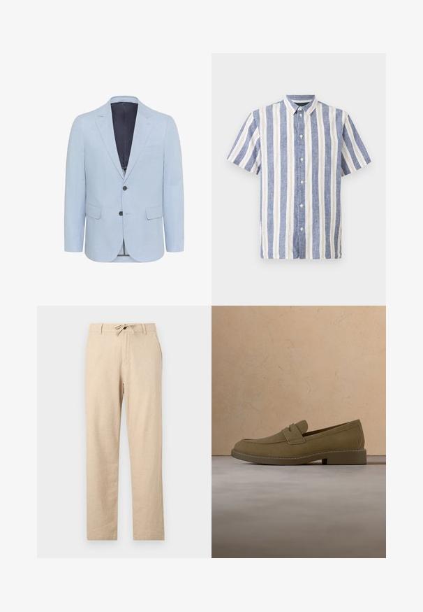 Lichtblauwe blazer van gestructureerde stof, met een gekarteld revers, twee knopen en twee voorzakken. De binnenkant is gevoerd in een donkere kleur.; Kortemouws overhemd met knopen, verticale blauwe, witte en dunne beige strepen en een spitse kraag.; Lichtbeige linnen broek met een trekkoord in de taille, rechte snit, voorzakken en een gladde textuur. Minimalistisch ontwerp zonder patronen.; Bruine suède loafer die boven een beige, gestructureerd tapijt zweeft in een woonkamer met een houten salontafel en opgestapelde boeken.