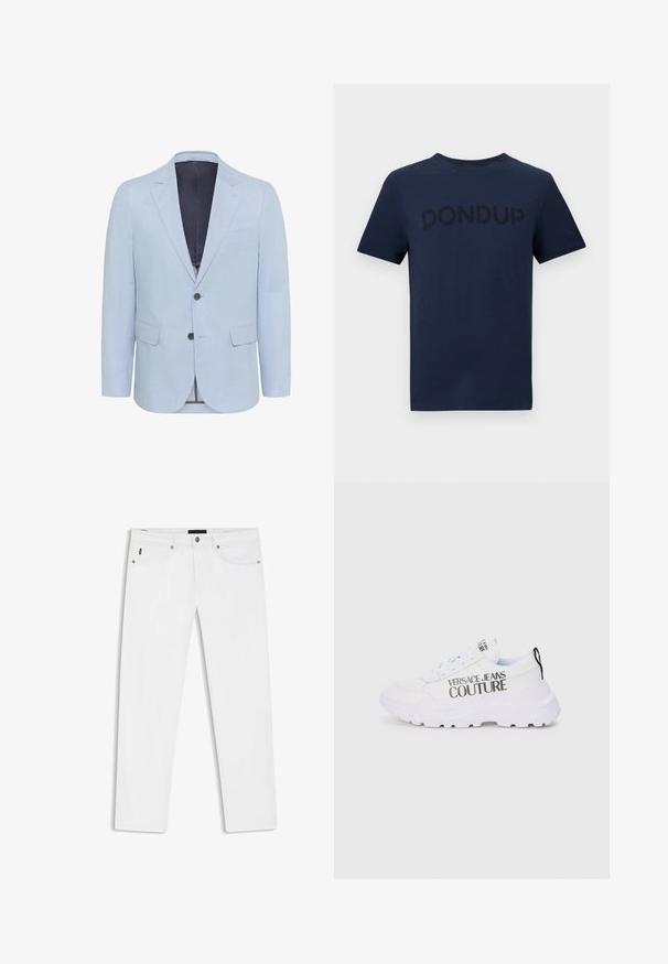 Hellblauer Blazer aus strukturiertem Stoff, mit schmalen Revers, zwei Knöpfen und zwei vorderen Taschen. Das Innenfutter ist in dunkler Farbe gehalten.; Marineblaues T-Shirt mit kurzen Ärmeln und Rundhalsausschnitt, mit dem Schriftzug "DONDUP" in etwas dunkleren Buchstaben quer über der Brust bedruckt.; Weiße Jeans mit geradem Bein, Vordertaschen, Gürtelschlaufen und Knopfverschluss an der Taille, auf weißem Hintergrund dargestellt.; Weiße Sneaker mit einer klobigen Sohle, ausgestattet mit dem schwarzen Logo "VERSACE JEANS COUTURE". Glattes Material, Schnürdesign und Fersenschlaufe.