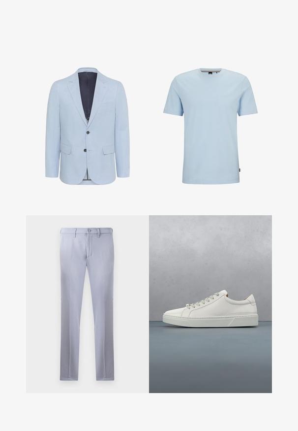Blazer azul claro hecho de tejido texturizado, con solapa muesca, dos botones y dos bolsillos frontales. El interior está forrado en un color oscuro.; Camiseta de algodón de color azul claro con cuello redondo, mangas cortas y un sutil logotipo bordado en el pecho. Textura suave, corte estándar.; Pantalones ajustados de color gris claro, hechos de un tejido suave, con cierre de botón, passantes para cinturón y un diseño de pierna recta. Sin bolsillos visibles.; Zapatilla blanca de cuero con punta redondeada, diseño minimalista, cordones grises y suela de goma texturizada gris. Detalles de costura sutiles visibles.
