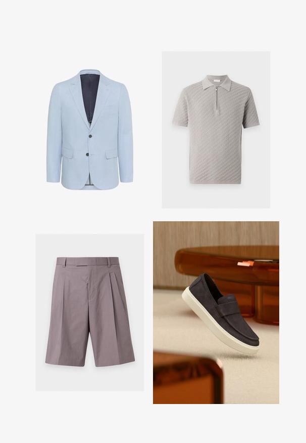 Hellblauer Blazer aus strukturiertem Stoff, mit schmalen Revers, zwei Knöpfen und zwei vorderen Taschen. Das Innenfutter ist in dunkler Farbe gehalten.; Hellgraues Kurzarm-Poloshirt mit strukturiertem Webmuster und einem Reißverschluss vorne unter dem Kragen.; Hellviolette, knielange, maßgeschneiderte Shorts mit Gürtelschlaufen, Vorderfalten und verdecktem Reißverschluss.; Dunkelgrauer Slip-On-Schuh aus Wildleder mit weißer Sohle, schwebt über einem beigen Teppich, im Hintergrund bernsteinfarbene, durchscheinende Möbel.