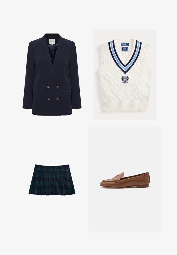 Mørkeblå dobbeltbrystet blazer lavet af glat stof. Har to forlommer og knapper i guldfarve; struktureret revers og afslappet pasform.; Hvid kabelstrikket ærmeløs sweatervest med blåstribet V-hals og Polo Ralph Lauren Wimbledon-logo på brystet.; Rynket nederdel med tern i mørkegrøn og marineblå med en glat talje og logo-accent. Har et klassisk, lagdelt rynkedesign.; Klassisk brun læderloafer med lav hæl og syninger på mokkatoen, vist i sideprofil på en hvid baggrund.