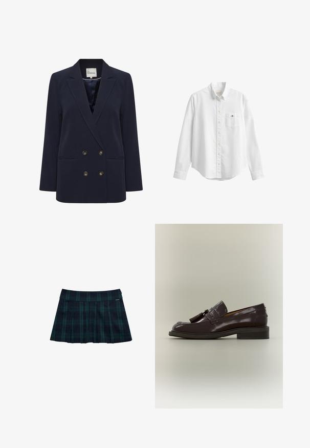 Marineblauwe dubbelbreasted blazer van gladde stof. Voorzien van twee voorzakken en goudkleurige knopen; gestructureerde revers en een ontspannen pasvorm.; Witte blouse met lange mouwen, knopen, kraag en borstzak met een klein geborduurd logo op een effen achtergrond.; Geruite geplooide rok in donkergroen en marineblauw met een gladde tailleband en logodetail. Heeft een klassiek, gelaagd plooidesign.; Donkerbruine leren loafer met franjes, lage hak en gestikte zool, vanaf de zijkant getoond op een neutrale achtergrond.