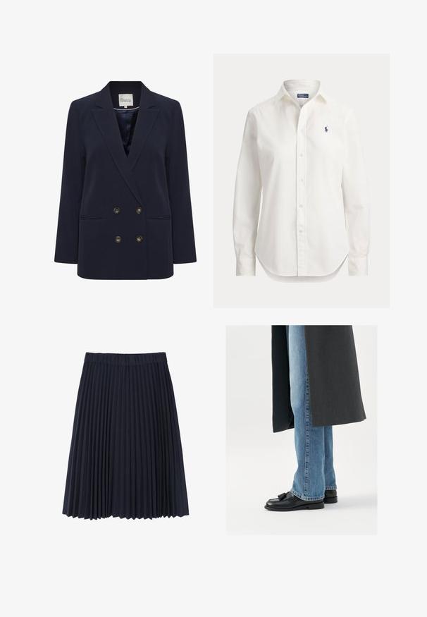 Blazer croisé bleu marine en tissu lisse. Comprend deux poches avant et des boutons dorés ; col structuré et coupe décontractée.; Chemise blanche à manches longues avec boutons, col et petit logo bleu d’un joueur de polo sur la poitrine gauche.; Jupe plissée marine en tissu doux. Dotée d'une large ceinture élastique, elle tombe juste au-dessus du genou avec une texture lisse.; Mocassins en cuir noir avec des pampilles, portés avec un jean droit bleu clair, complétés par un manteau gris foncé. Lignes épurées et tissu texturé.