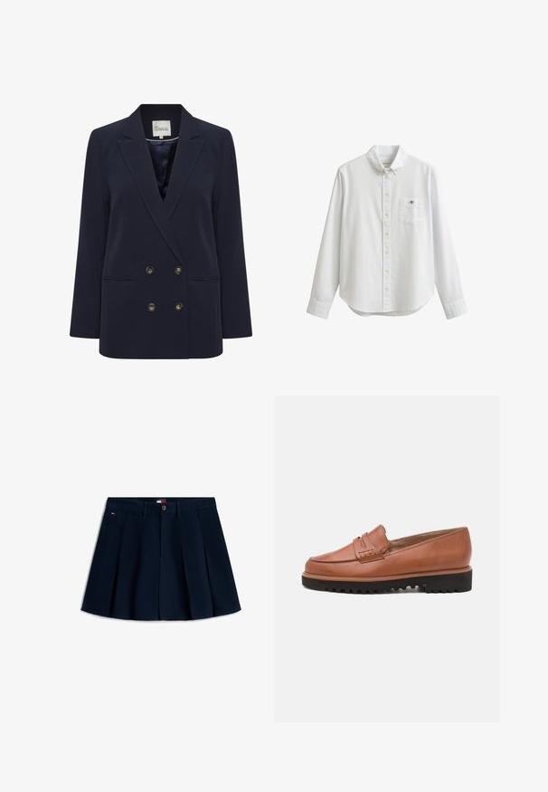 Mørkeblå dobbeltbrystet blazer lavet af glat stof. Har to forlommer og knapper i guldfarve; struktureret revers og afslappet pasform.; Hvid skjorte med lange ærmer og knapper foran med en lomme foran med et lille broderet logo og krave med knapper.; Marineblå plisseret mininederdel med knapper foran og lynlås, bæltestropper, sidelommer og lille logo på venstre hofte.; Brune læderloafer med en vævet detalje fortil, rund tå og en kraftig sort gummisål med tekstureret greb.
