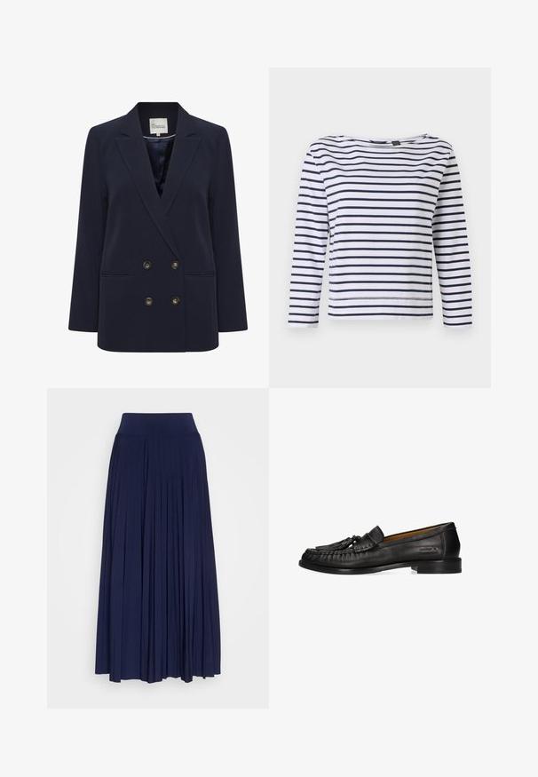 Marineblauwe dubbelbreasted blazer van gladde stof. Voorzien van twee voorzakken en goudkleurige knopen; gestructureerde revers en een ontspannen pasvorm.; Gestreepte lange mouwen top in wit en marineblauw, met een bootnek en een ontspannen pasvorm. Gemaakt van zacht katoen met gestikte zomen.; Marineblauwe plissérok van zachte stof, met een brede, comfortabele tailleband en een vloeiende uitstraling met verticale plooien.; Zwarte leren loafer met kwastjes bovenop, lage hak en stiksel detail langs de neus en zijkanten, gezien vanaf de buitenkant.