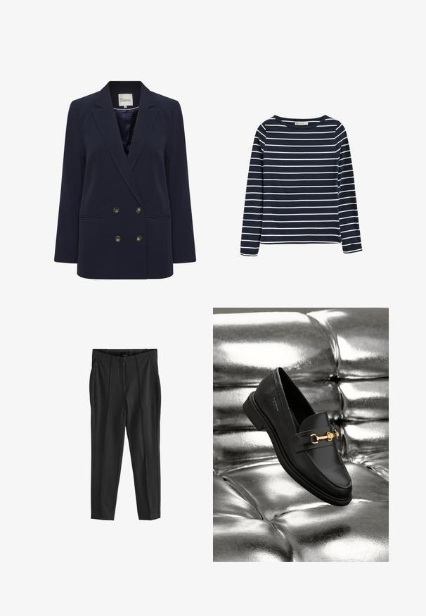 Mørkeblå dobbeltbrystet blazer lavet af glat stof. Har to forlommer og knapper i guldfarve; struktureret revers og afslappet pasform.; Navyblå langærmet skjorte med hvide vandrette striber, rund hals og en lille logotag på venstre ærmekant.; Sorte bukser med en glat tekstur, udstyret med lommer med lynlås foran og udtryksfulde folder. Minimalistisk design med en skræddersyet pasform.; Sorte læder loafers med en guldfarvet hardware detalje. Skoen har et elegant design og en glat, skinnende overflade.