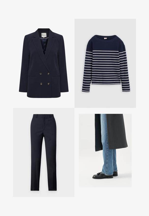 Blazer croisé bleu marine en tissu lisse. Comprend deux poches avant et des boutons dorés ; col structuré et coupe décontractée.; Levi's® MARIN STRIPE - T-shirt à manches longues - navy/egret; Pantalons ajustés bleu marine avec une coupe droite, présentant une texture lisse, deux poches avant et une taille épurée.; Mocassins en cuir noir avec des pampilles, portés avec un jean droit bleu clair, complétés par un manteau gris foncé. Lignes épurées et tissu texturé.