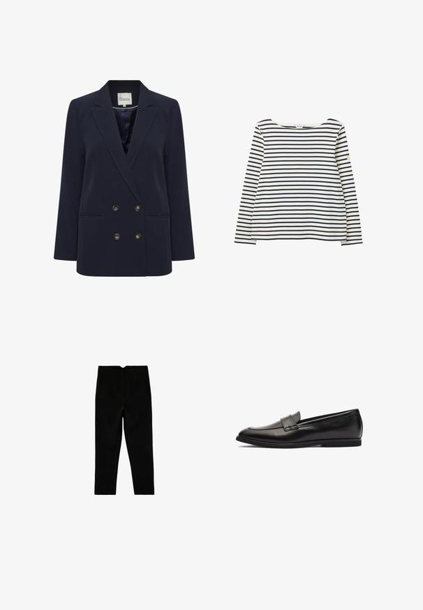 Marineblauwe dubbelbreasted blazer van gladde stof. Voorzien van twee voorzakken en goudkleurige knopen; gestructureerde revers en een ontspannen pasvorm.; Wit shirt met lange mouwen met horizontale donkerblauwe strepen en een ronde hals, plat gelegd op een witte achtergrond.; Zwarte op maat gemaakte broek tot aan de enkel met zijzakken en een licht taps toelopende pijp, plat liggend op een witte achtergrond.; Zwarte leren instapper met een gladde afwerking, ronde neus en dubbele stiksels op de bovenkant. Platte rubberen zool voor comfort.