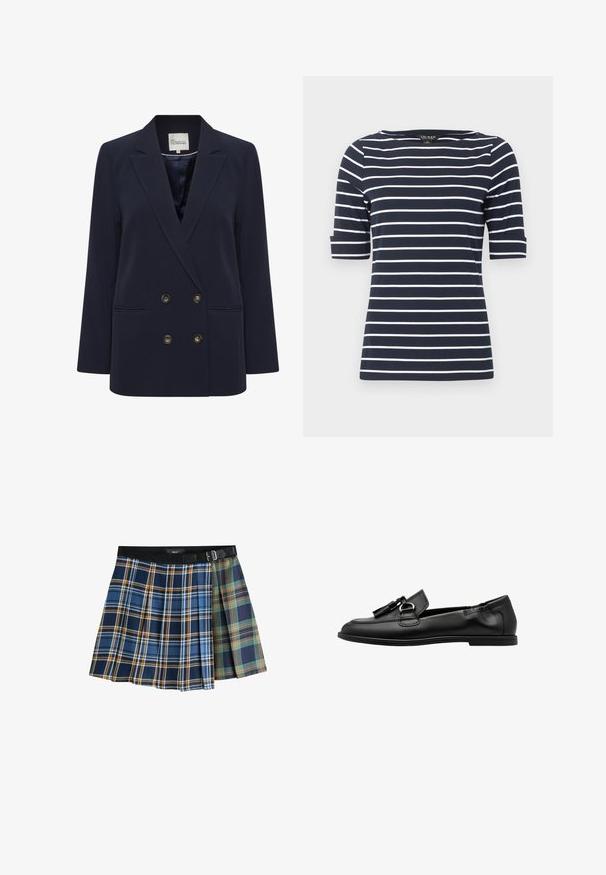 Marineblauwe dubbelbreasted blazer van gladde stof. Voorzien van twee voorzakken en goudkleurige knopen; gestructureerde revers en een ontspannen pasvorm.; Marineblauw kort mouw shirt met witte horizontale strepen en een ronde hals.; Plissé mini skirt met tweekleurig ruitpatroon in blauw, oranje, groen en marineblauw, met een zwarte tailleband en gesp.; Zwarte leren loafers met een afgeronde neus, decoratieve kwastjes en een rond metalen sierstuk aan de voorkant, voorzien van een platte zool.