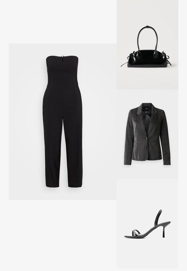 Blazer noir en tissu brillant avec un col à revers, deux poches avant et deux boutons. La surface texturée ajoute un intérêt visuel.; Combinaison noire sans bretelles avec un corsage ajusté, détail de fermeture éclair à l'avant et jambes fuselées, fabriquée dans un matériau lisse et extensible.; Sandale noire à talon haut avec fines brides au niveau des orteils et de la cheville, finition brillante et talon aiguille fin.; Petit sac à main noir brillant avec deux longues anses et des détails à cordon sur les côtés sur un fond clair uni.