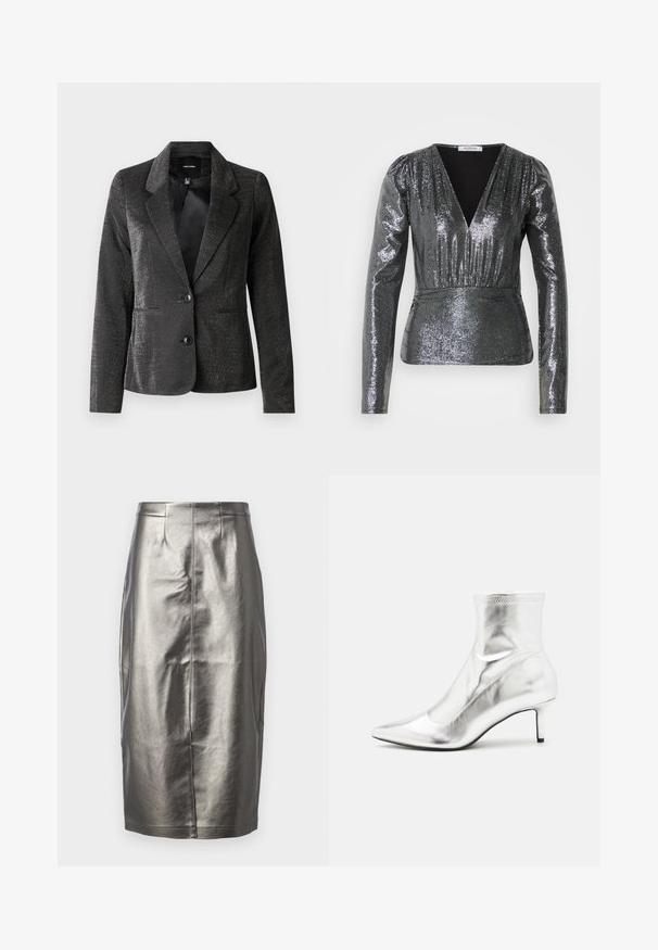Blazer noir en tissu brillant avec un col à revers, deux poches avant et deux boutons. La surface texturée ajoute un intérêt visuel.; Blouse longue en argent scintillant avec un décolleté en V profond, taille froncée et texture lisse. La surface réfléchissante met en valeur la silhouette du vêtement.; Jupe crayon argentée métallisée en matériau lisse et brillant. Avec une taille haute, une fente arrière et des détails de couture au centre.; Bottine métallique argentée avec un bout pointu et un talon fin. Présente un ajustement snug et une texture lisse et brillante. Accent de couture en haut.