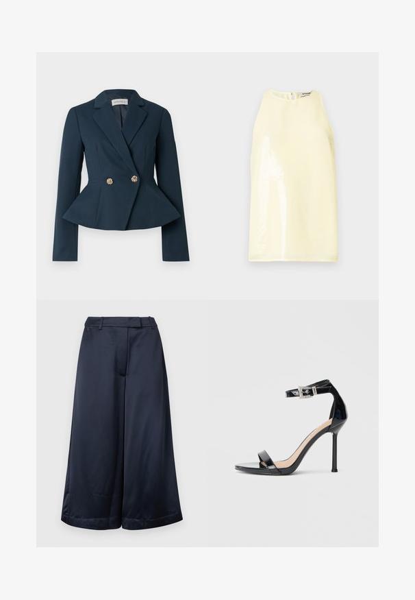Blazer bleu marine avec taille cintrée, détail à basque, manches longues et design croisé avec des boutons floraux dorés.; Haut sans manches de couleur jaune clair avec une texture lisse, doté d'un panneau brillant à l'avant et d'une petite fermeture éclair au dos.; Pantalon large bleu marine, coupé court, avec passants de ceinture, fermeture éclair à l'avant, et finition satinée lisse, sur un fond clair uni.; Sandale à talon haut en cuir verni noir avec bride à la cheville. Présente un design minimaliste, un bout ouvert et une boucle ornée de strass.