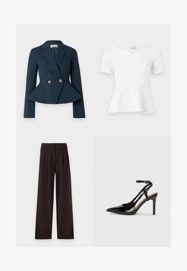 Blazer bleu marine avec taille cintrée, détail à basque, manches longues et design croisé avec des boutons floraux dorés.; Haut blanc à manches courtes avec basque, encolure en cœur et taille cintrée, étiquette "Anna Field" visible à l'intérieur du col.; Pantalon marron foncé à jambes larges avec plis et passants pour ceinture, doté d'une fermeture éclair avant et d'un ourlet net sur un fond uni.; Escarpin en cuir verni noir à talon haut, avec un bout pointu, une bride réglable à la cheville et des côtés ouverts. Texture lisse.