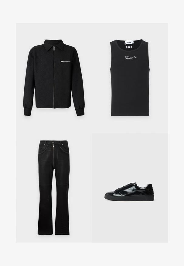 Veste zippée noire avec un motif de logo texturé, col montant et poche zippée sur le côté. Dotée de poignets et d'un ourlet côtelés.; Débardeur noir sans manches en tissu côtelé avec le texte "Endorphin" brodé en blanc et une étiquette de marque MSGM au niveau de l'encolure.; Jean flare noir en denim, avec une fermeture éclair à l'avant, des poches texturées avec des bords effilochés, un tissu lisse et des détails de boutons sur les jambes.; Baskets en cuir verni noir avec un bout arrondi, un laçage, une semelle en caoutchouc texturé et une finition lisse.