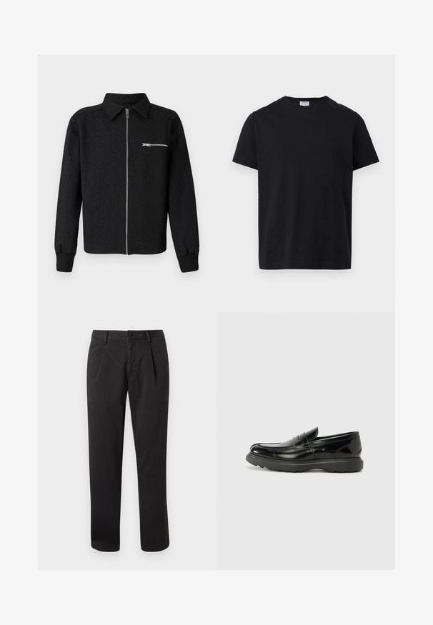 Veste zippée noire avec un motif de logo texturé, col montant et poche zippée sur le côté. Dotée de poignets et d'un ourlet côtelés.; T-shirt noir à manches courtes et col rond avec une petite étiquette blanche à l'intérieur du col, présenté à plat sur un fond blanc.; Pantalon en coton noir avec une coupe à taille plate, jambes droites, et fermeture par bouton. Comprend des poches latérales et des détails de couture visibles.; Mocassin en cuir noir avec une finition brillante, bout arrondi, détails de couture subtils et semelle en caoutchouc épaisse pour la durabilité.