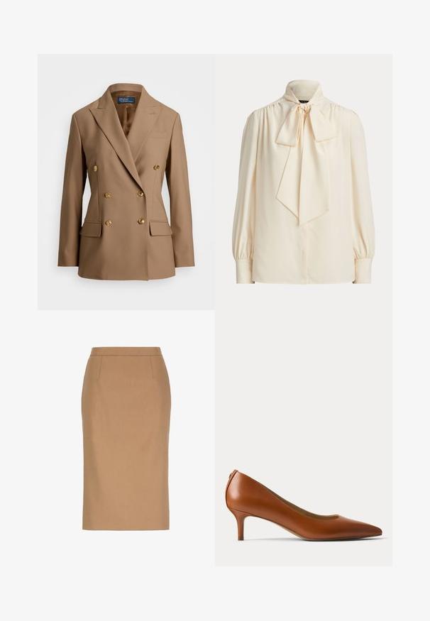 Dubbelbreasted blazer van lichtbruine stof, met gouden knopen, gelapte revers en twee voorzakken met een gladde textuur.; Crèmekleurige blouse met lange mouwen, een hoge kraag en een grote gestrikte strik bij de hals, met geplooide schouders en omslagmouwen.; Beige kokerrok tot op de knie met een hoge taille en subtiele naaddetails aan de voorkant.; Bruine leren pump met lage hak en puntige neus, van opzij afgebeeld tegen een effen lichte achtergrond.