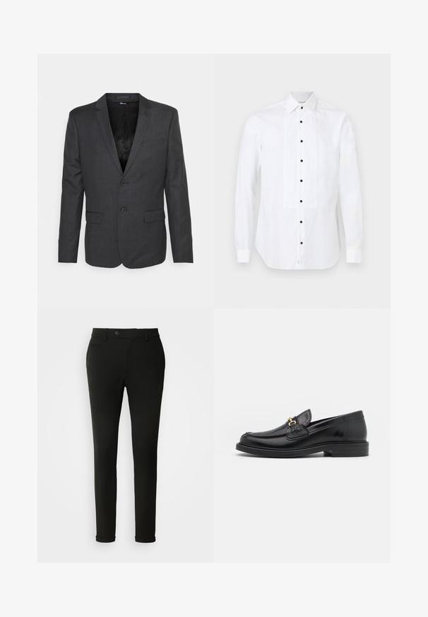 Blazer gris oscuro, texturizado, con cierre de un solo botón, dos bolsillos frontales y solapas con muesca. Interior forrado en tela negra.; Camisa de vestir blanca de manga larga con panel frontal plisado y botones negros, con cuello puntiagudo y puños abotonados.; Pantalones negros ajustados con un corte slim, diseño elegante y trabillas para cinturón, con un bolsillo trasero y una textura de tela suave.; Mocasines de cuero negro con punta redondeada, que cuentan con un detalle de herrajes dorados y costuras, situados sobre una suela de goma texturizada y baja.