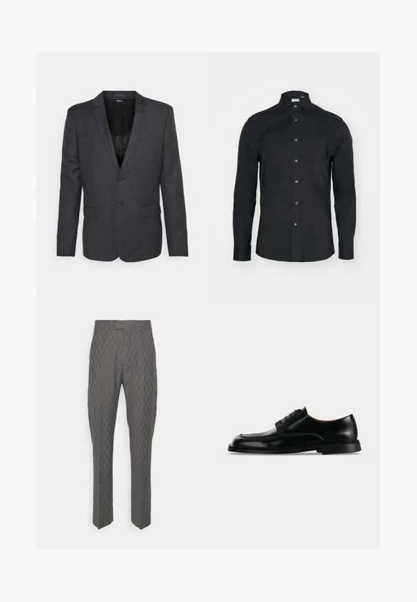 Blazer gris oscuro, texturizado, con cierre de un solo botón, dos bolsillos frontales y solapas con muesca. Interior forrado en tela negra.; Camisa negra de manga larga con botones y cuello clásico. Hecha de tela suave, presenta botones al frente y puños redondeados.; Tiger of Sweden TOMMIE - Pantalones - industrial grey; Zapato de vestir negro brillante de cuero con cordones y suela gruesa detallada, mostrado desde el lado derecho sobre un fondo claro y liso.