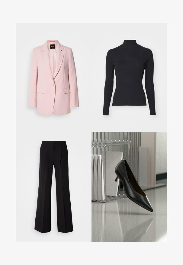 Rosa skræddersyet blazer med notched lapels, enkelt knaplukning, to frontlommer og en glat tekstur. Brandmærke synligt indeni kraven.; Sort ribbet turtle-sweater med lange ærmer. Lavet af strækbart stof med en tætsiddende pasform og høj krave. Enkel design uden udsmykninger.; Sorte bukser lavet af glat stof, med høj talje, bred ben silhuet og to frontfolder for ekstra design detaljer.; Sort læder sko med spids tå og lav hæl, der svæver over en grå plettet gulv, ved siden af en metal filopsamler med mapper.