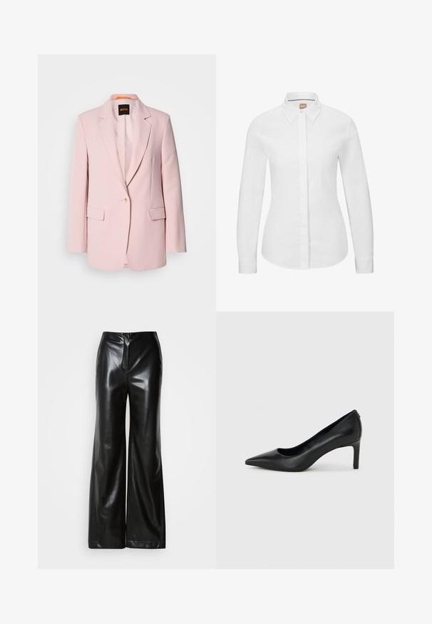 Roze op maat gemaakte blazer met geknipte revers, enkele knoopsluiting, twee voorzakken en een gladde textuur. Merktag zichtbaar aan de binnenkant van de kraag.; Witte lange mouw overhemd met knopen in een frisse katoenstof, met een klassieke kraag, een voorkant met knopen en een getailleerde pasvorm. Stijlvolle textuur, zonder patronen.; Zwarte leren wijde broek met een gladde textuur, hoge taille en een verborgen ritssluiting aan de voorkant. Tailored fit met een nette afwerking.; Zwarte leren pumps met een spits toelopende neus en een slanke, middelhoog hak, afgebeeld tegen een effen lichtgrijze achtergrond.